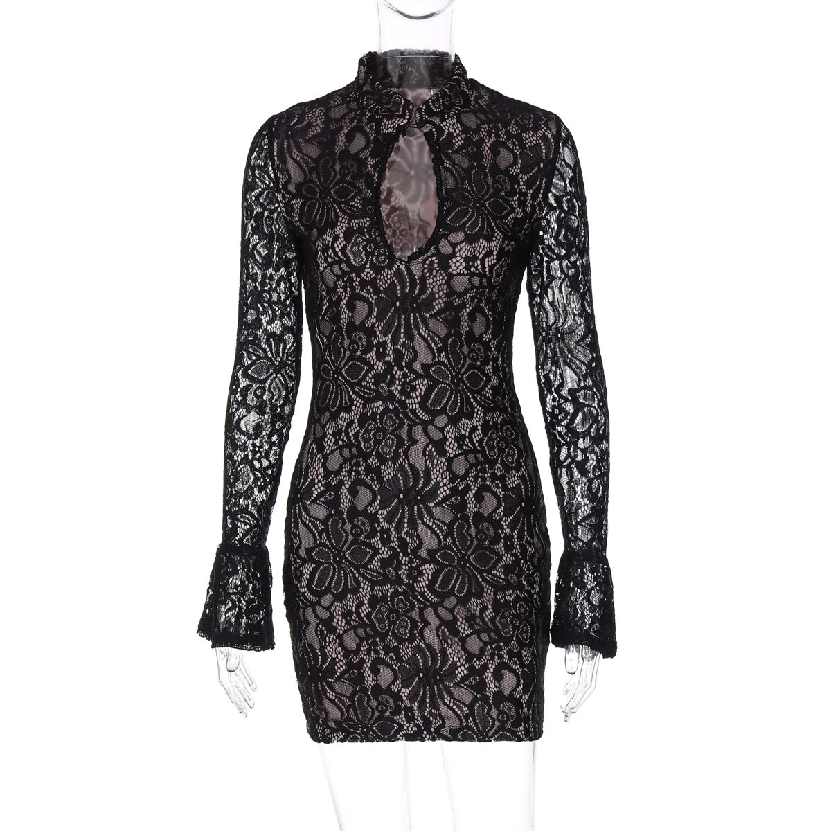Vestido Mini de Encaje — Manga Larga Acampanada y Escote de Llave