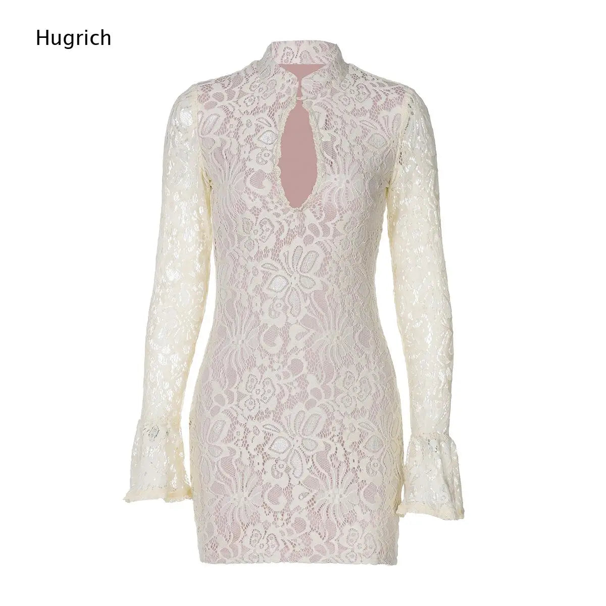 Vestido Mini de Encaje — Manga Larga Acampanada y Escote de Llave