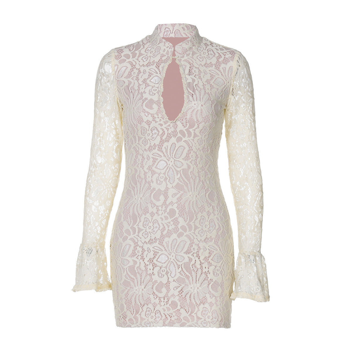 Vestido Mini de Encaje — Manga Larga Acampanada y Escote de Llave